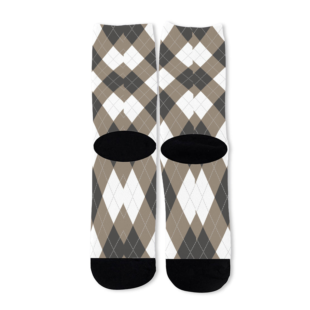 Brown And White Argyle Pattern Print Long Socks