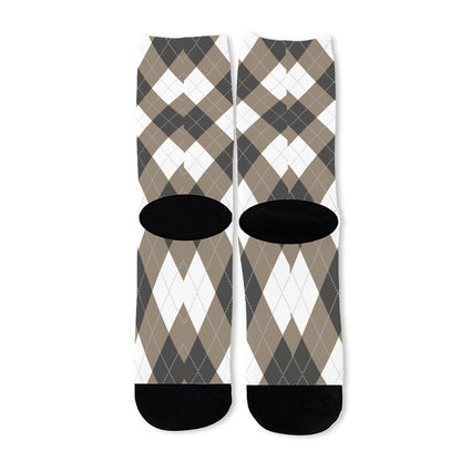 Brown And White Argyle Pattern Print Long Socks