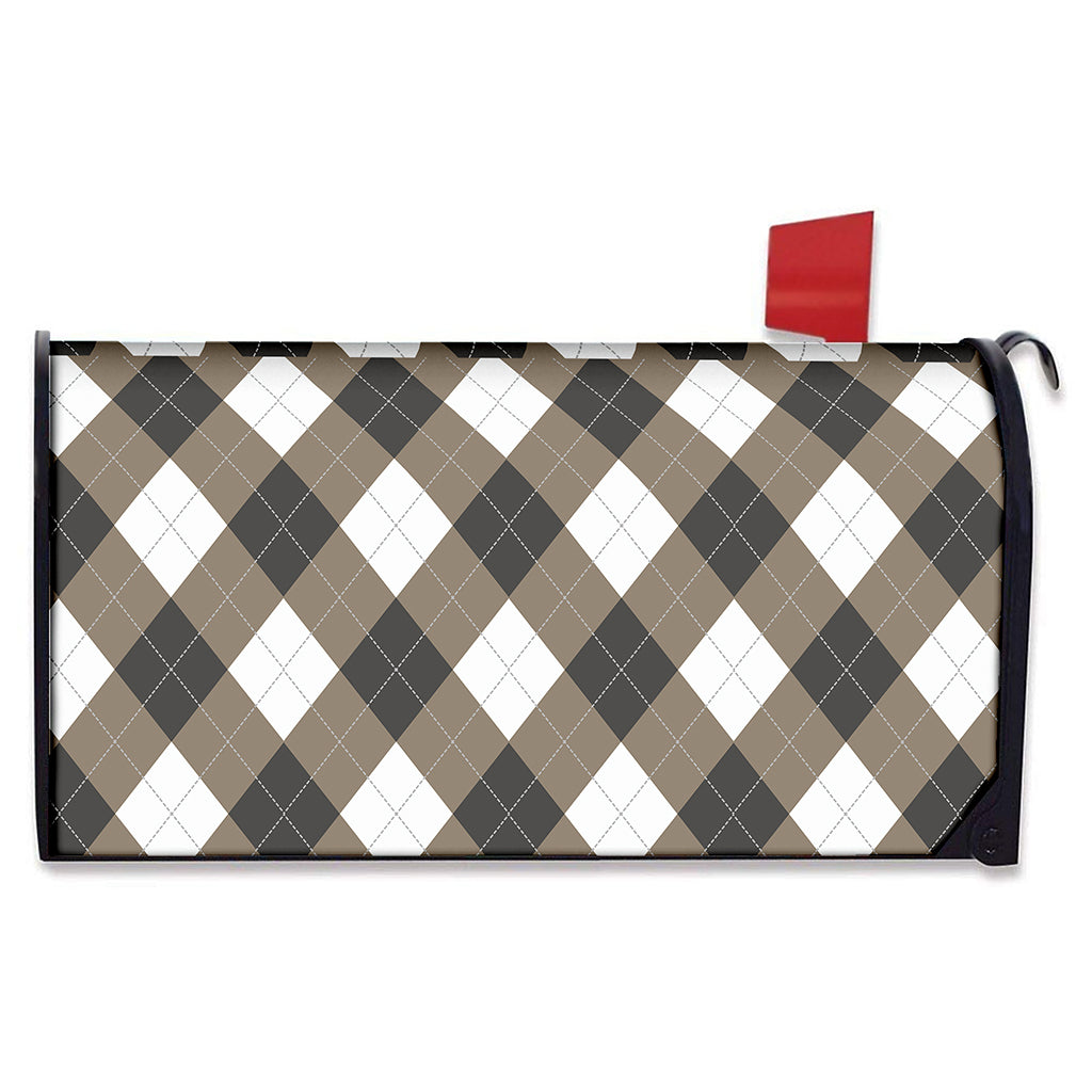 Brown And White Argyle Pattern Print Mailbox Cover