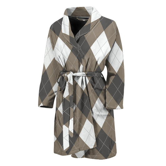 Brown And White Argyle Pattern Print Men's Bathrobe