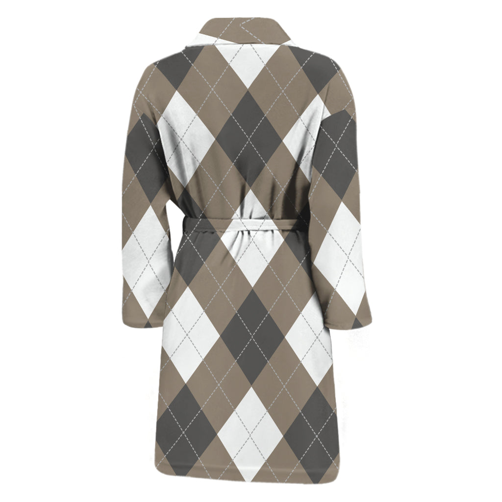 Brown And White Argyle Pattern Print Men's Bathrobe