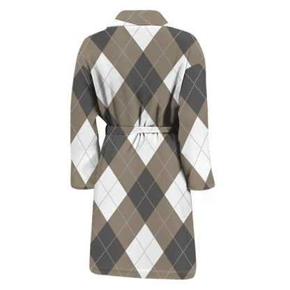 Brown And White Argyle Pattern Print Men's Bathrobe