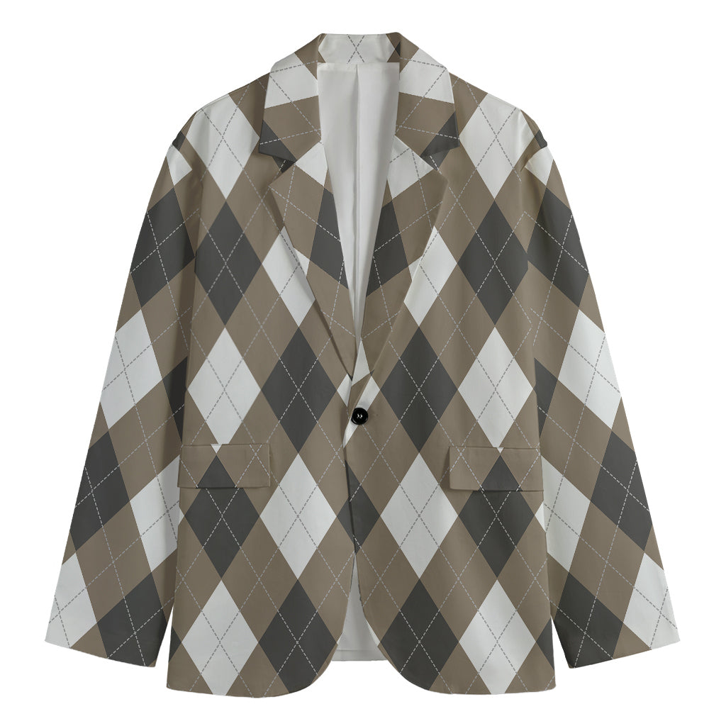Brown And White Argyle Pattern Print Men's Blazer