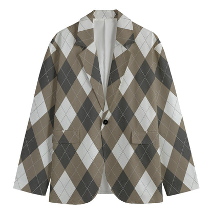 Brown And White Argyle Pattern Print Men's Blazer
