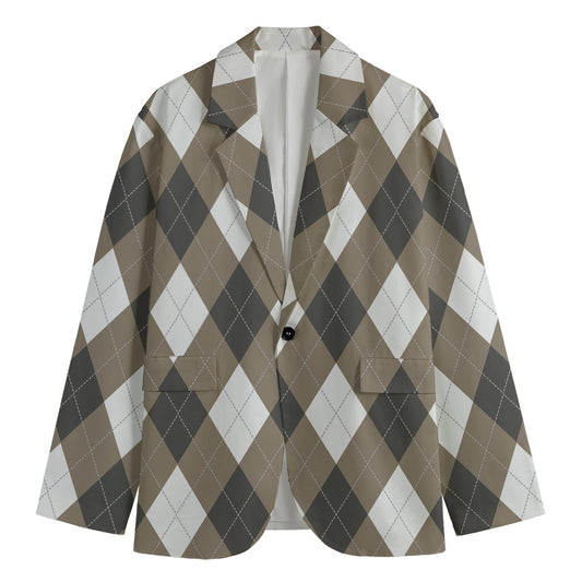Brown And White Argyle Pattern Print Men's Blazer