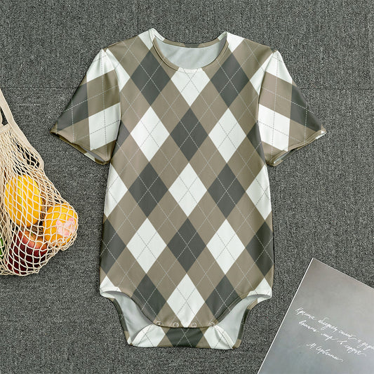 Brown And White Argyle Pattern Print Men's Bodysuit