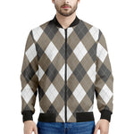 Brown And White Argyle Pattern Print Men's Bomber Jacket