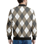 Brown And White Argyle Pattern Print Men's Bomber Jacket