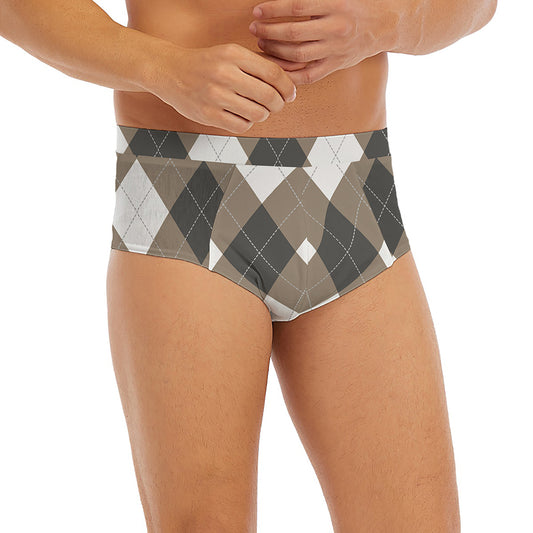 Brown And White Argyle Pattern Print Men's Briefs