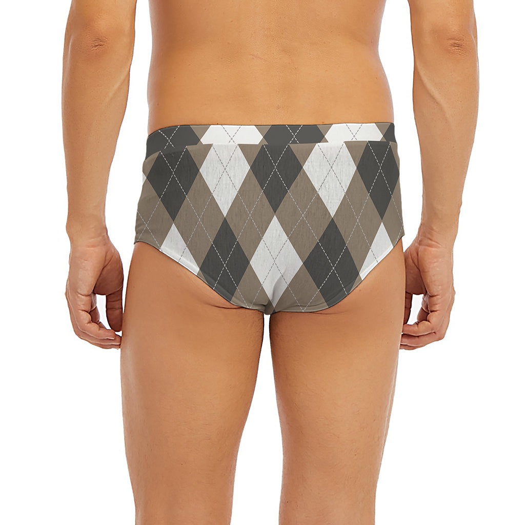 Brown And White Argyle Pattern Print Men's Briefs