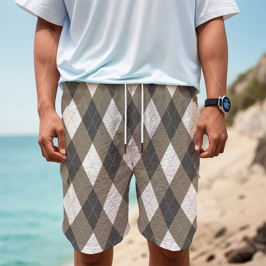 Brown And White Argyle Pattern Print Men's Cargo Shorts