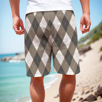 Brown And White Argyle Pattern Print Men's Cargo Shorts