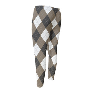 Brown And White Argyle Pattern Print Men's Compression Pants