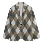 Brown And White Argyle Pattern Print Men's Cotton Blazer