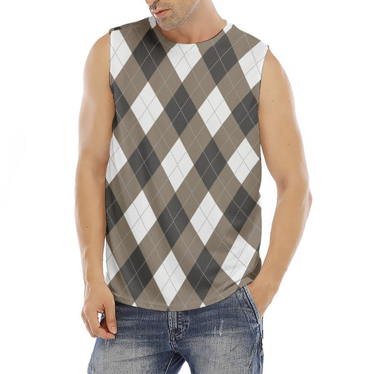 Brown And White Argyle Pattern Print Men's Fitness Tank Top