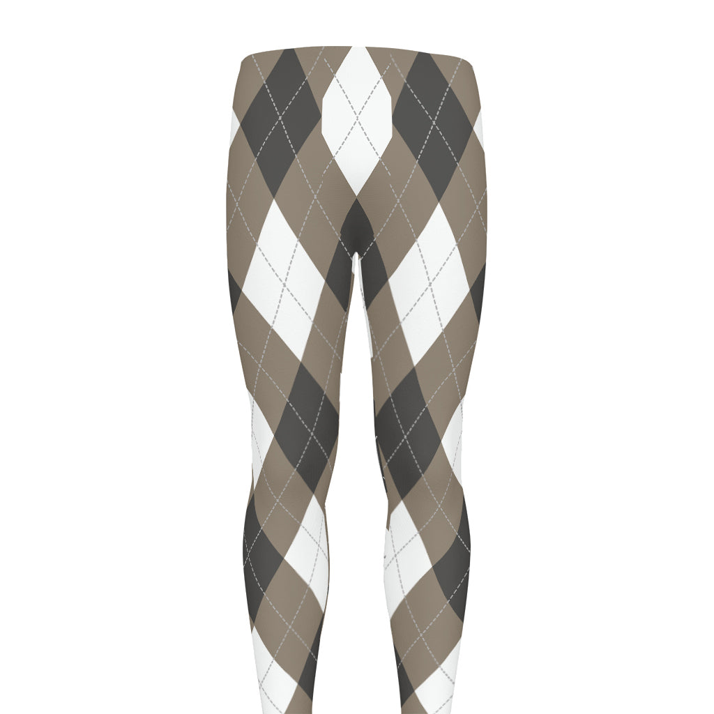 Brown And White Argyle Pattern Print Men's leggings
