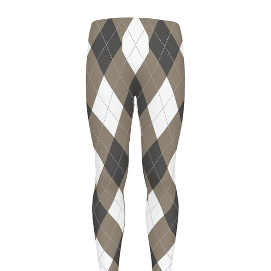 Brown And White Argyle Pattern Print Men's leggings