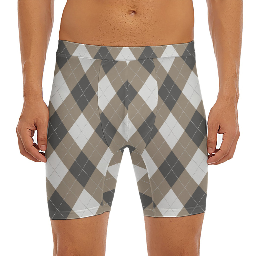 Brown And White Argyle Pattern Print Men's Long Boxer Briefs