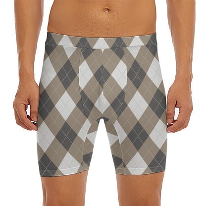 Brown And White Argyle Pattern Print Men's Long Boxer Briefs