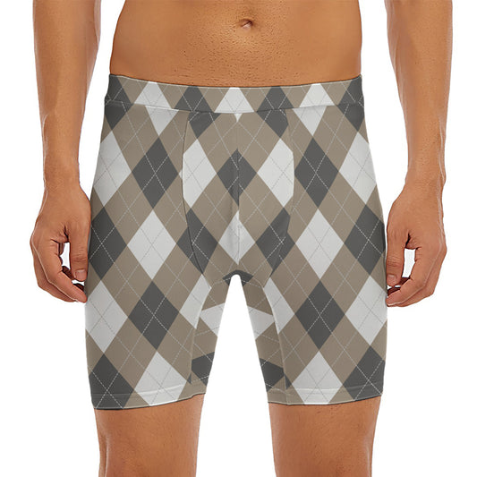 Brown And White Argyle Pattern Print Men's Long Boxer Briefs