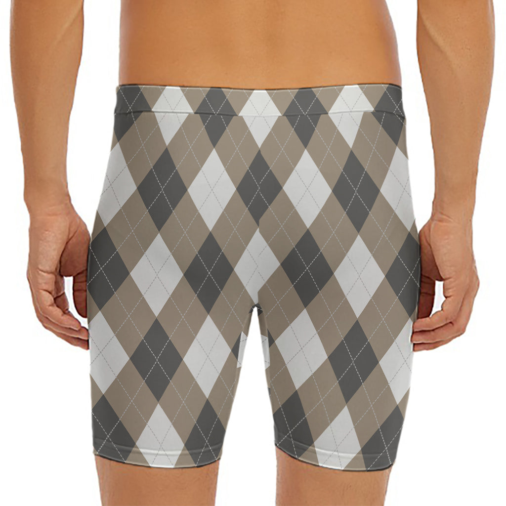 Brown And White Argyle Pattern Print Men's Long Boxer Briefs