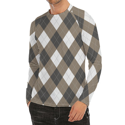 Brown And White Argyle Pattern Print Men's Long Sleeve Rash Guard