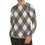 Brown And White Argyle Pattern Print Men's Long Sleeve Rash Guard