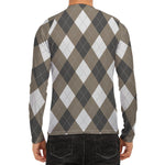 Brown And White Argyle Pattern Print Men's Long Sleeve Rash Guard