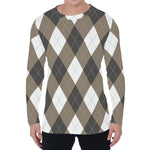 Brown And White Argyle Pattern Print Men's Long Sleeve T-Shirt