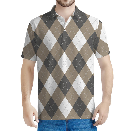 Brown And White Argyle Pattern Print Men's Polo Shirt