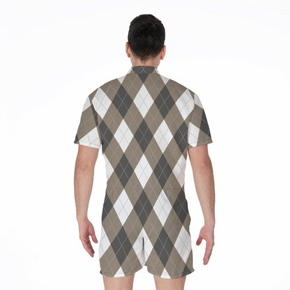 Brown And White Argyle Pattern Print Men's Rompers