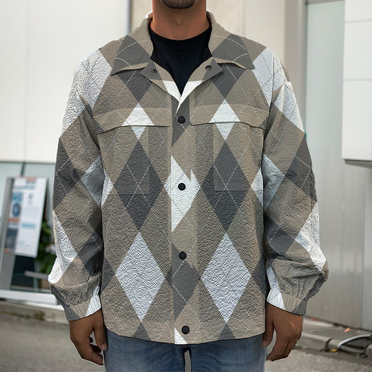 Brown And White Argyle Pattern Print Men's Shirt Jacket