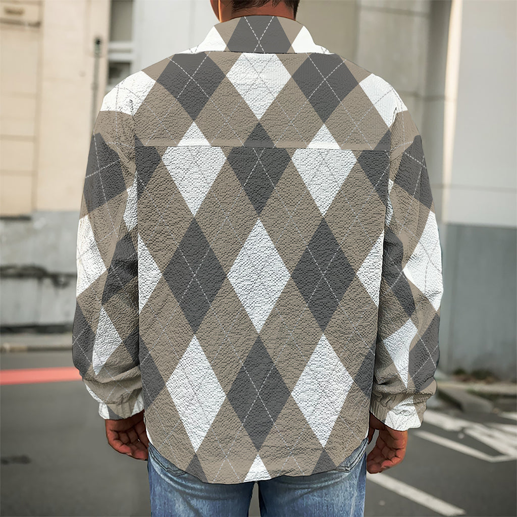 Brown And White Argyle Pattern Print Men's Shirt Jacket