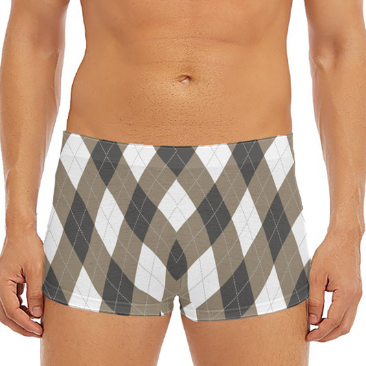 Brown And White Argyle Pattern Print Men's Short Boxer Briefs