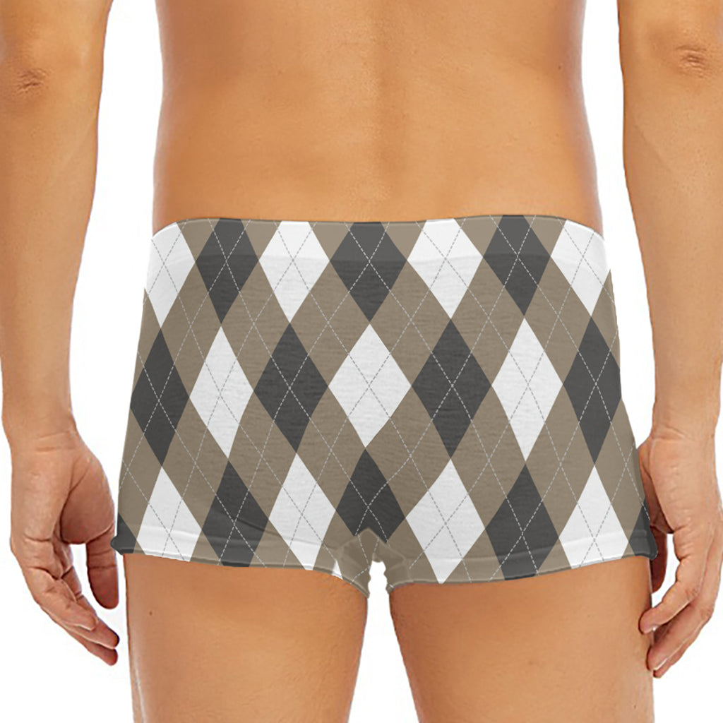 Brown And White Argyle Pattern Print Men's Short Boxer Briefs