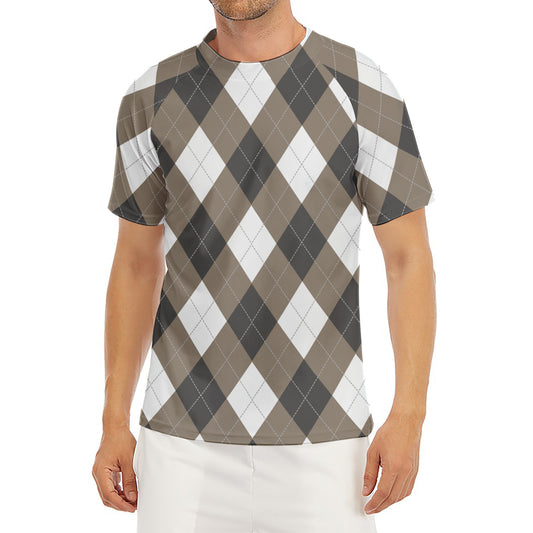 Brown And White Argyle Pattern Print Men's Short Sleeve Rash Guard