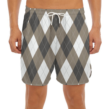Brown And White Argyle Pattern Print Men's Split Running Shorts