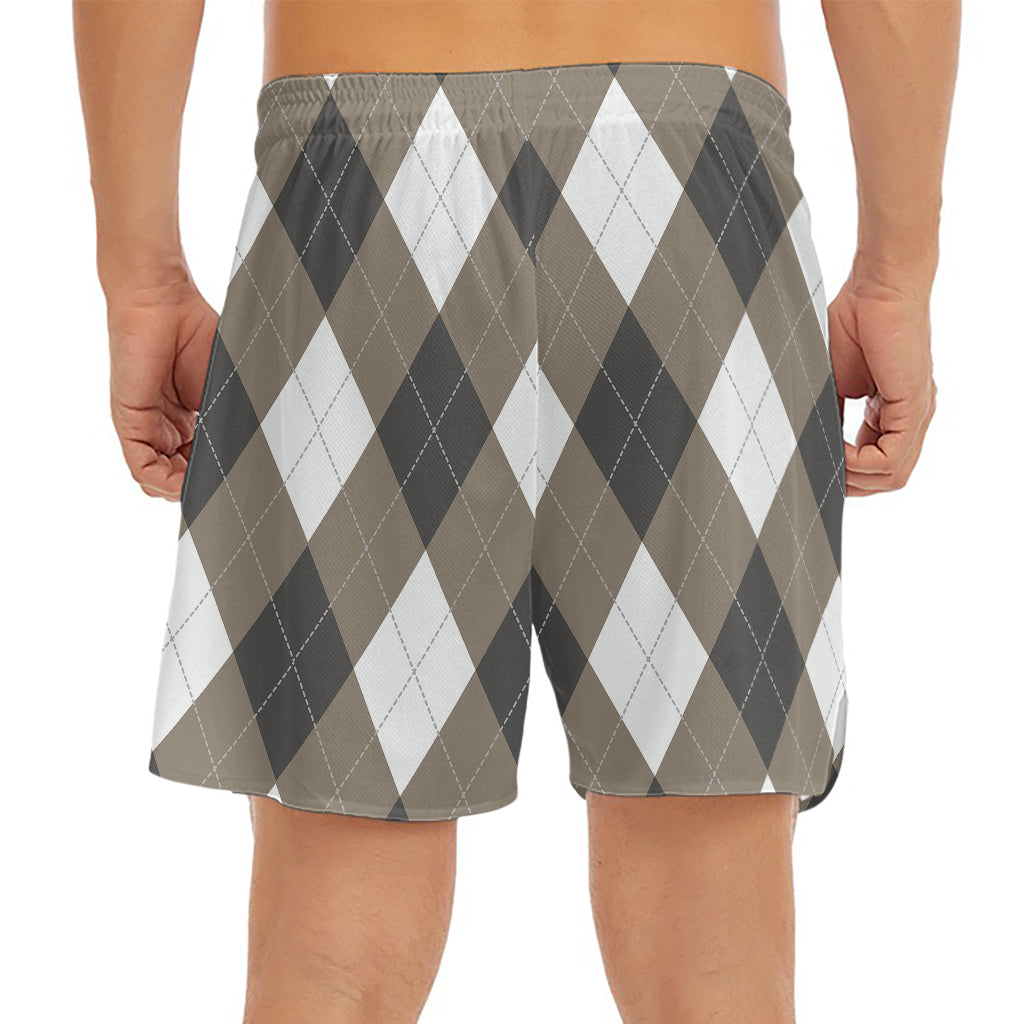 Brown And White Argyle Pattern Print Men's Split Running Shorts