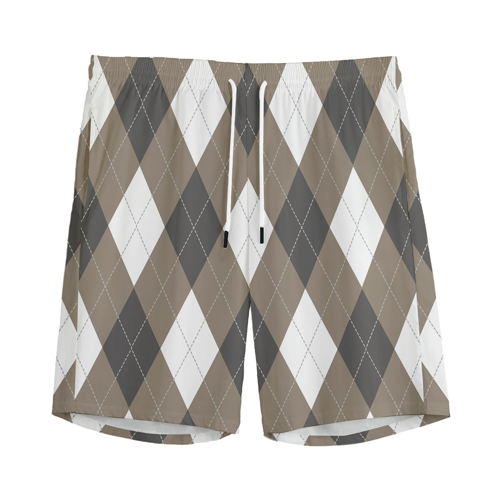 Brown And White Argyle Pattern Print Men's Sports Shorts