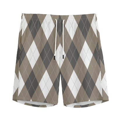 Brown And White Argyle Pattern Print Men's Sports Shorts