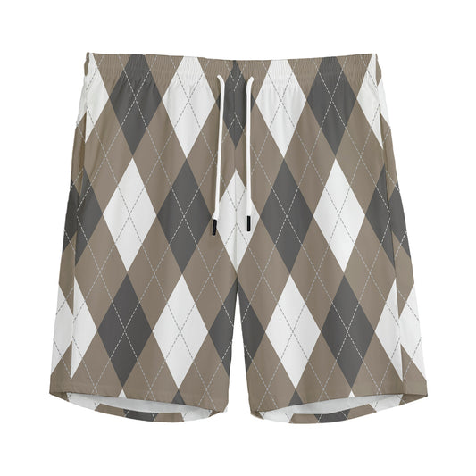 Brown And White Argyle Pattern Print Men's Sports Shorts
