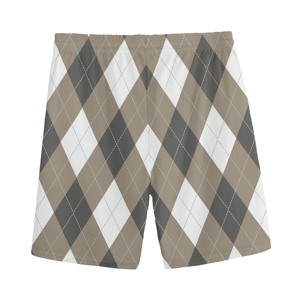 Brown And White Argyle Pattern Print Men's Sports Shorts