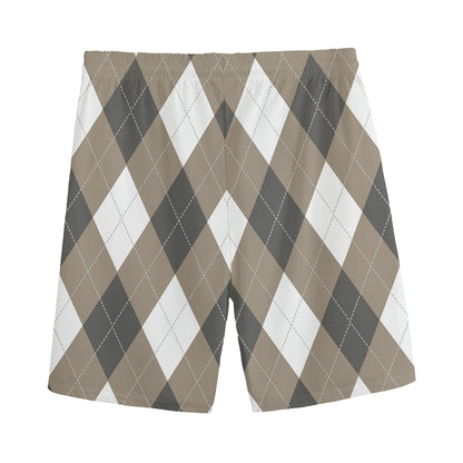 Brown And White Argyle Pattern Print Men's Sports Shorts
