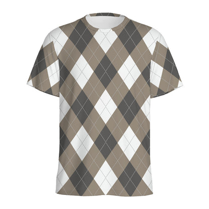 Brown And White Argyle Pattern Print Men's Sports T-Shirt