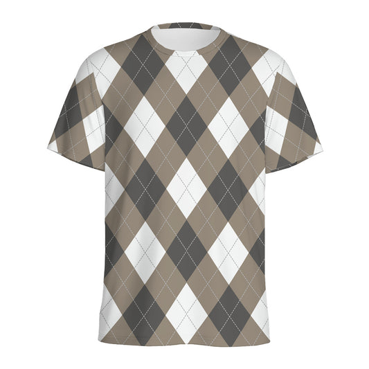 Brown And White Argyle Pattern Print Men's Sports T-Shirt