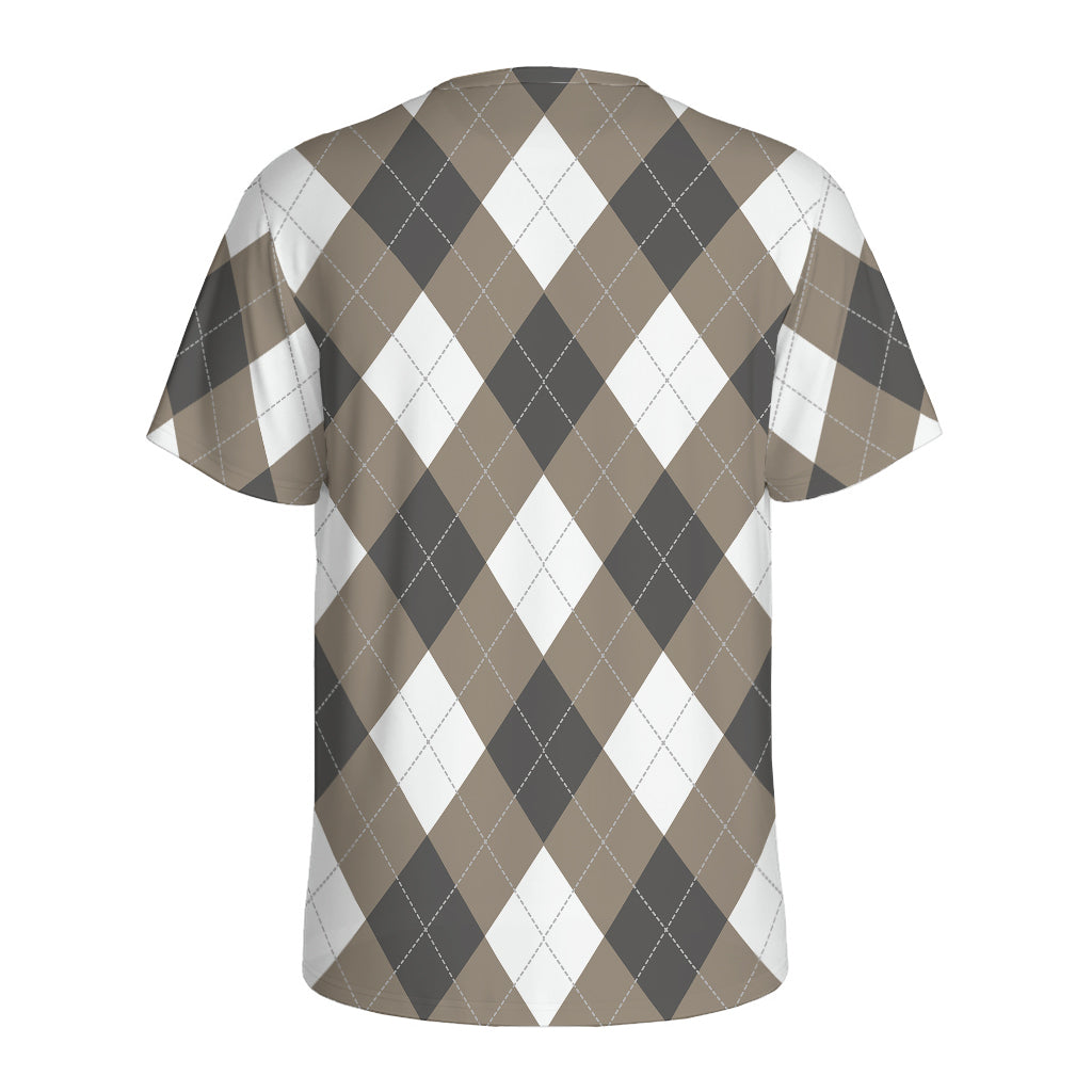 Brown And White Argyle Pattern Print Men's Sports T-Shirt