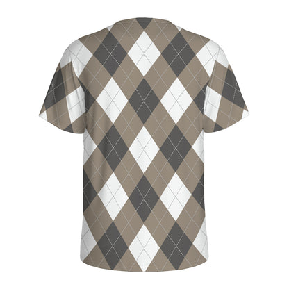 Brown And White Argyle Pattern Print Men's Sports T-Shirt
