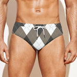 Brown And White Argyle Pattern Print Men's Swim Briefs
