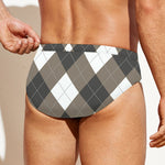 Brown And White Argyle Pattern Print Men's Swim Briefs