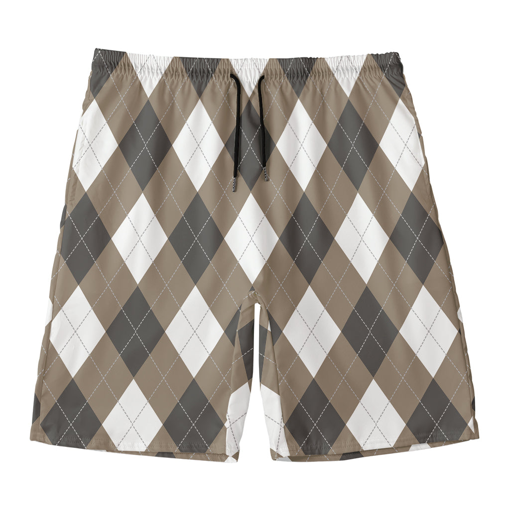 Brown And White Argyle Pattern Print Men's Swim Trunks